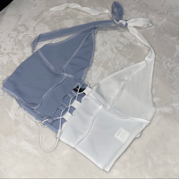 COLOUR BLOCK LACE UP FRONT HALTER TOP - Picture 8 of 13